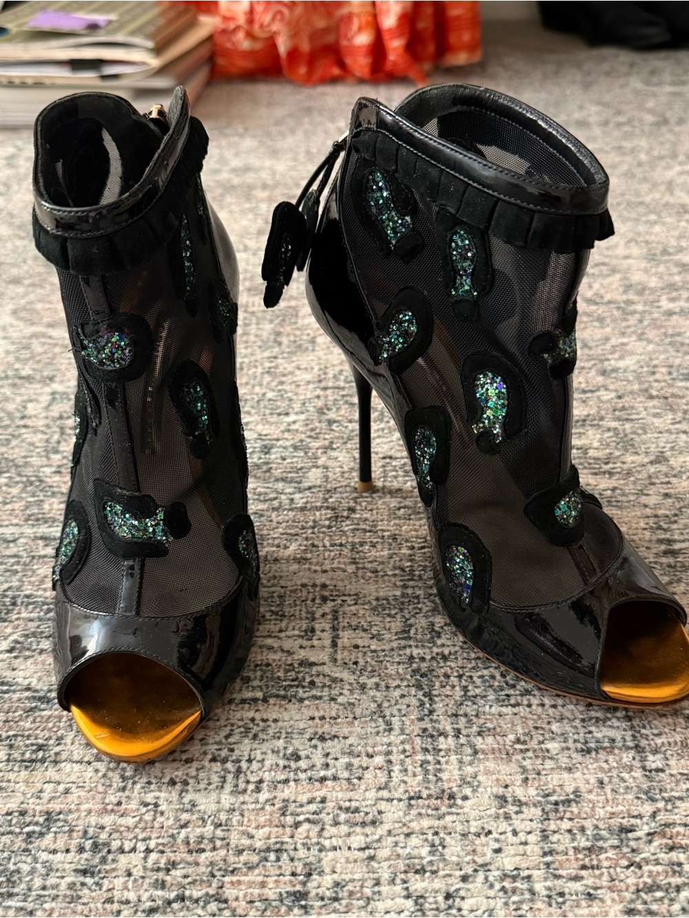 Sophia Webster Black Mesh Peep-Toe Stiletto Booties with Green Glitter Accents